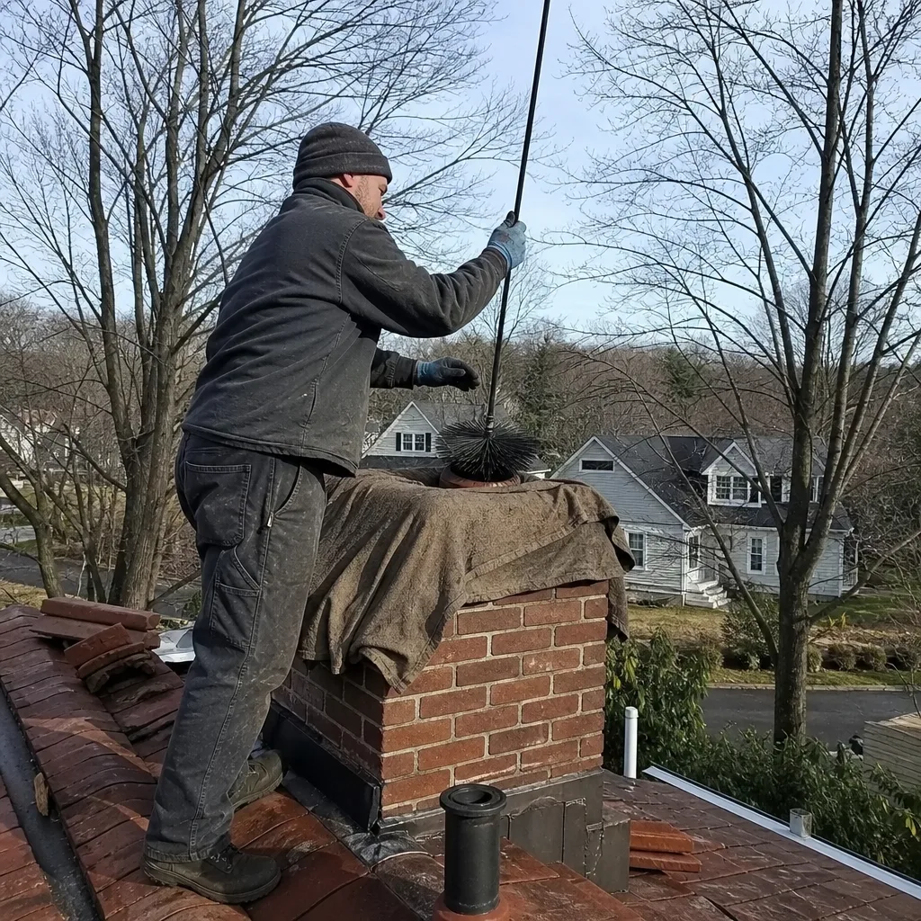 Professional chimney sweep cleaning a brick chimney on a residential roof