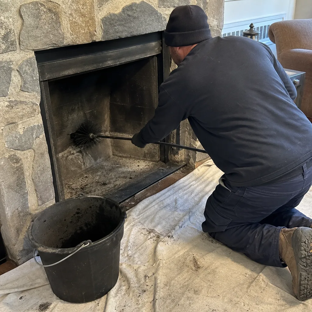 Professional chimney sweep cleaning fireplace interior with a brush