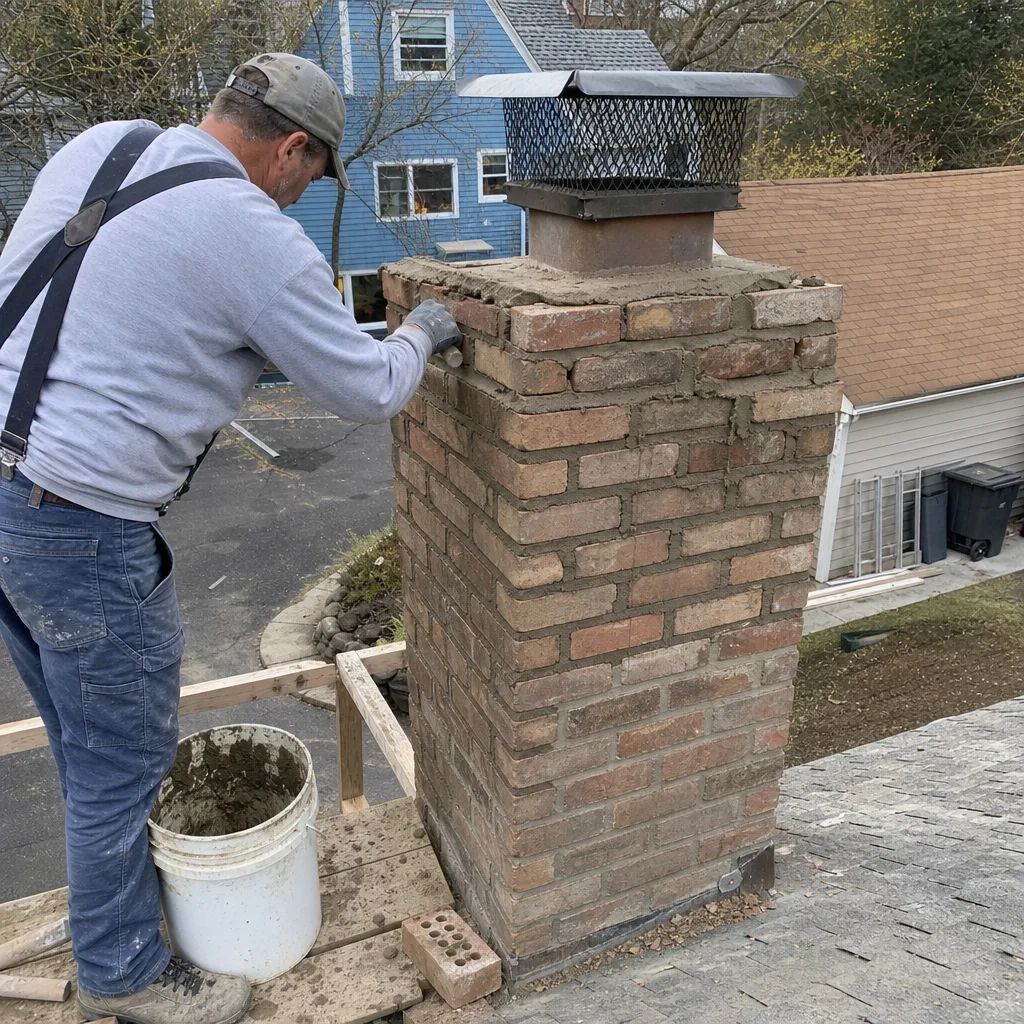 Professional mason performing chimney masonry repair on a residential rooftop