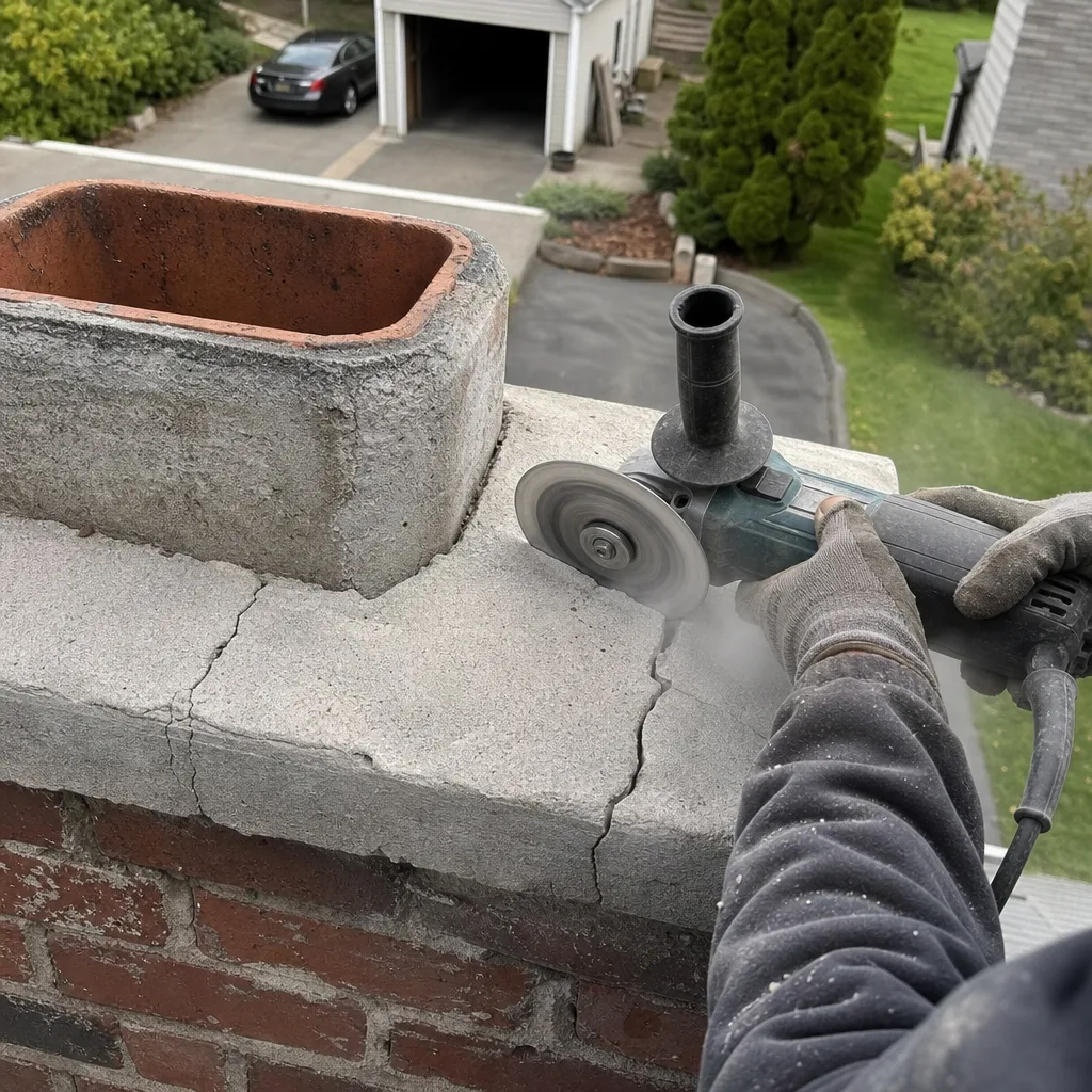 Contractor performing professional chimney crown repair with a power cutting tool