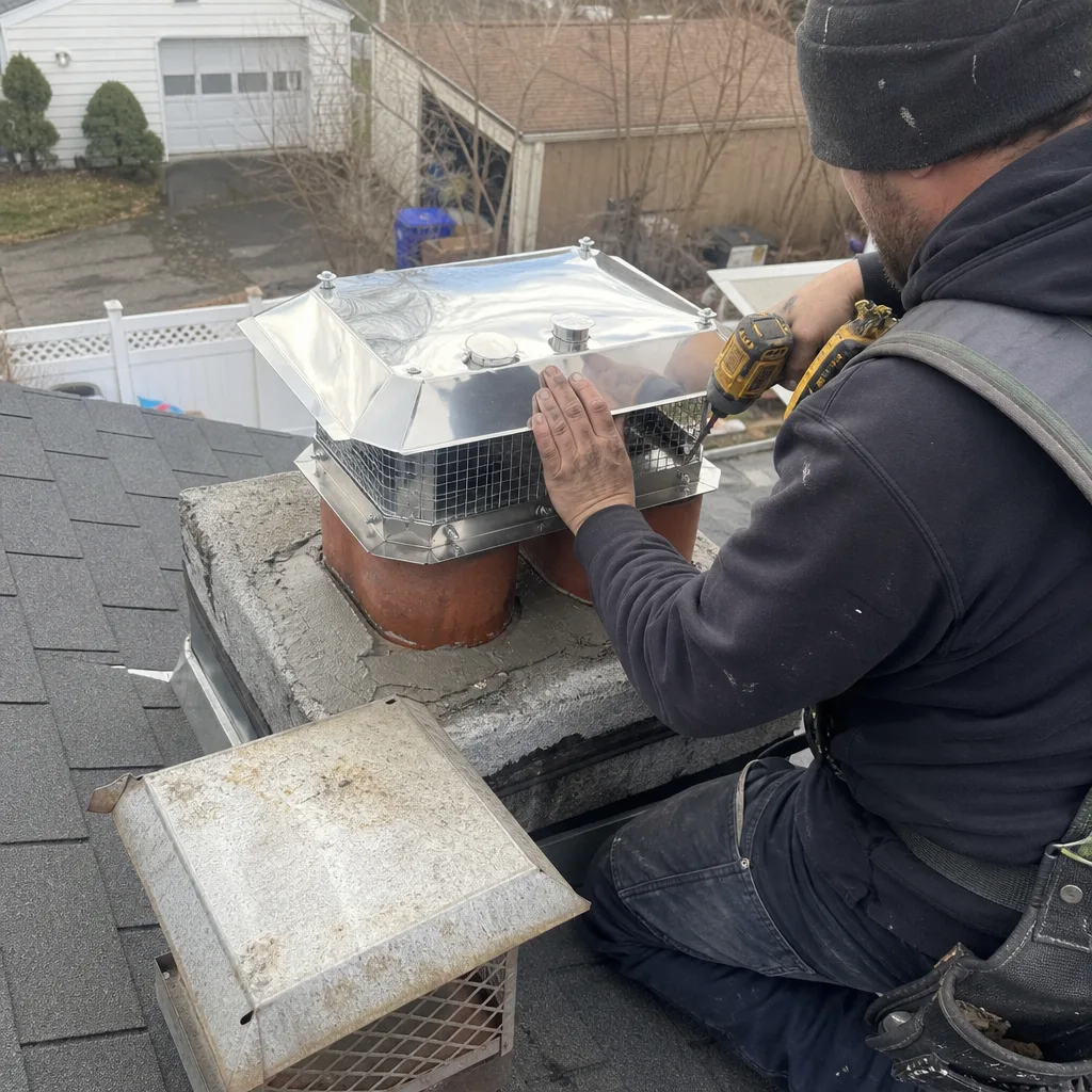 Technician installing a new stainless steel chimney cap on a brick chimney. in Norwalk, CT