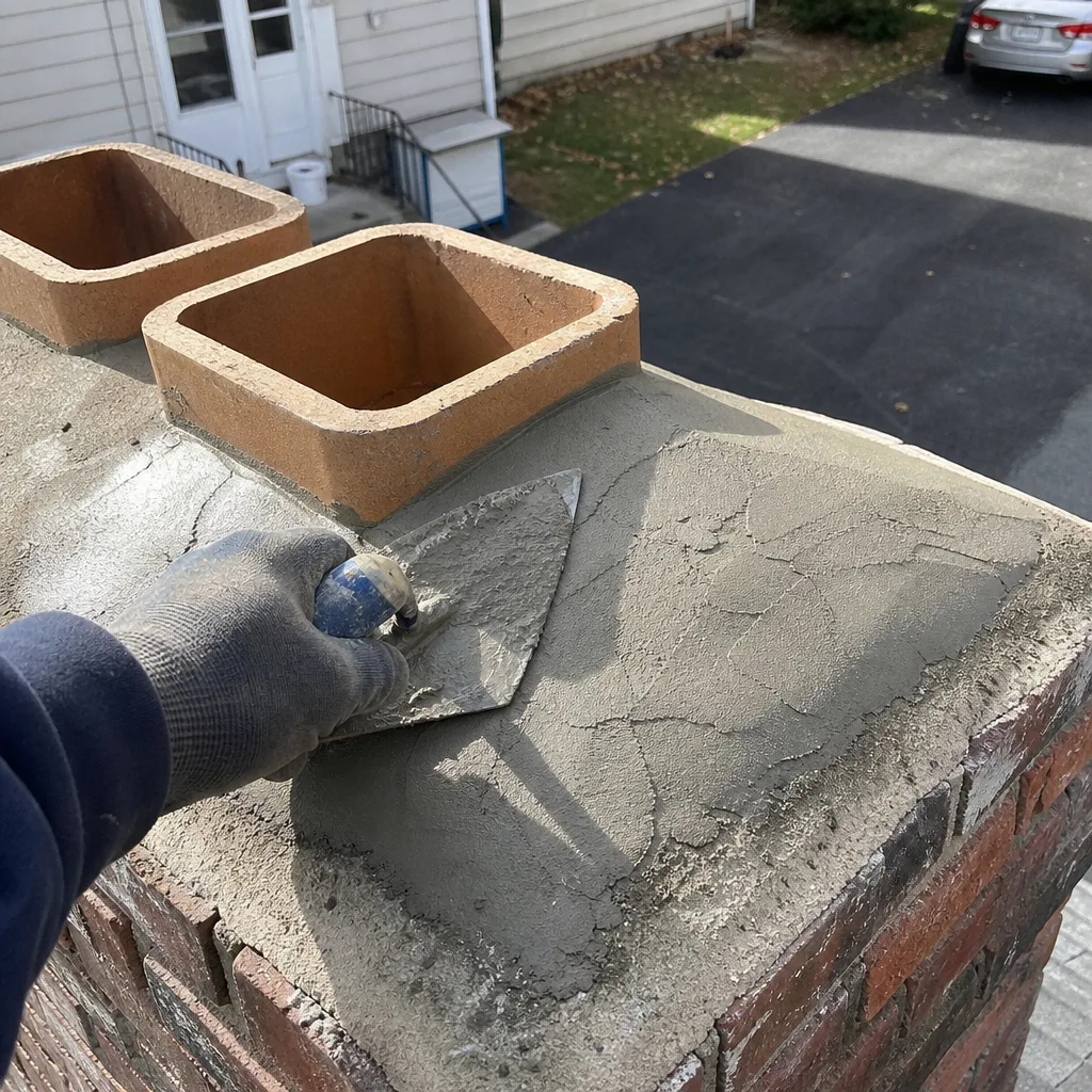 Professional contractor applying cement crown sealer to a brick chimney stack in Norwalk, CT