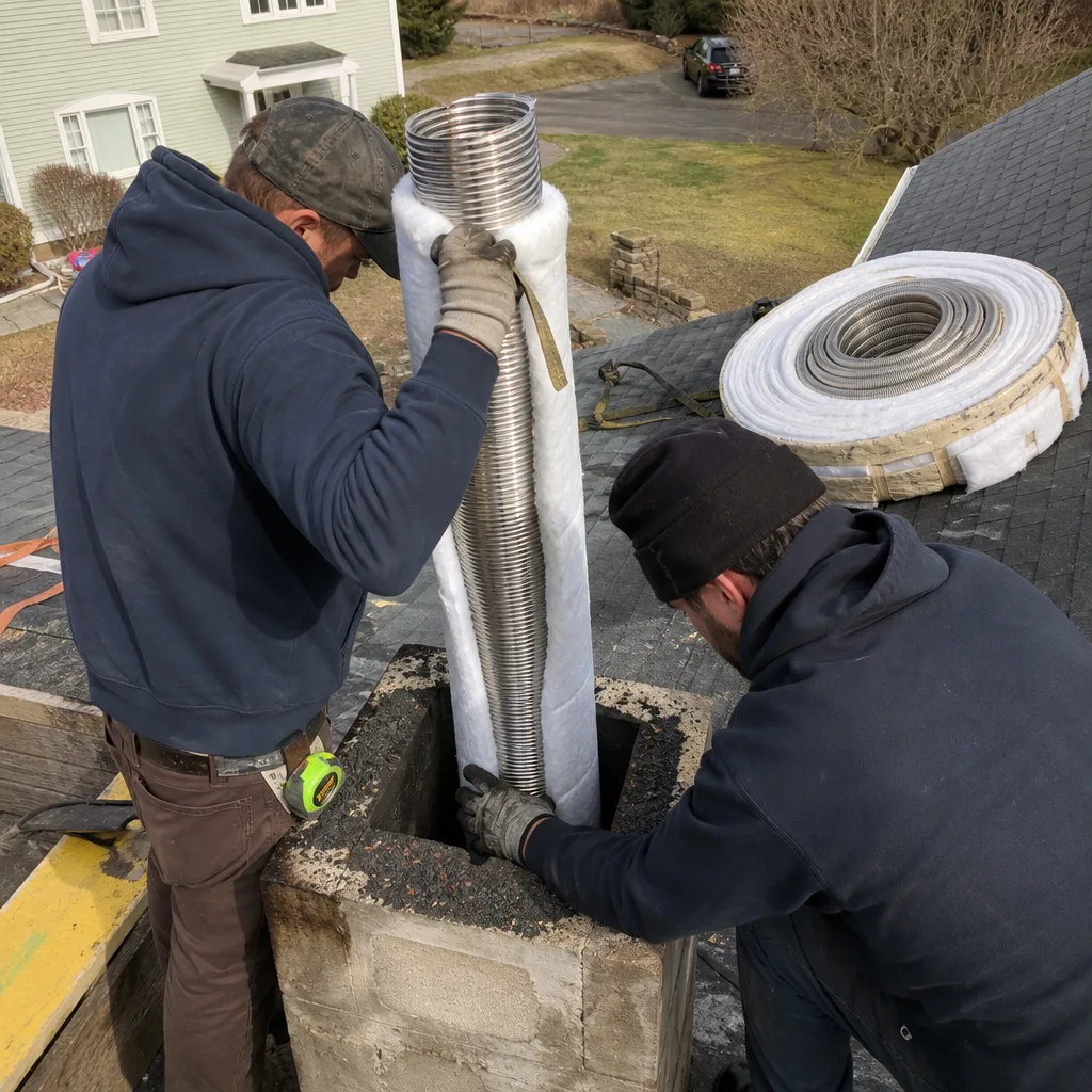 Technicians installing an insulated stainless steel chimney liner into a chimney in Norwalk, CT
